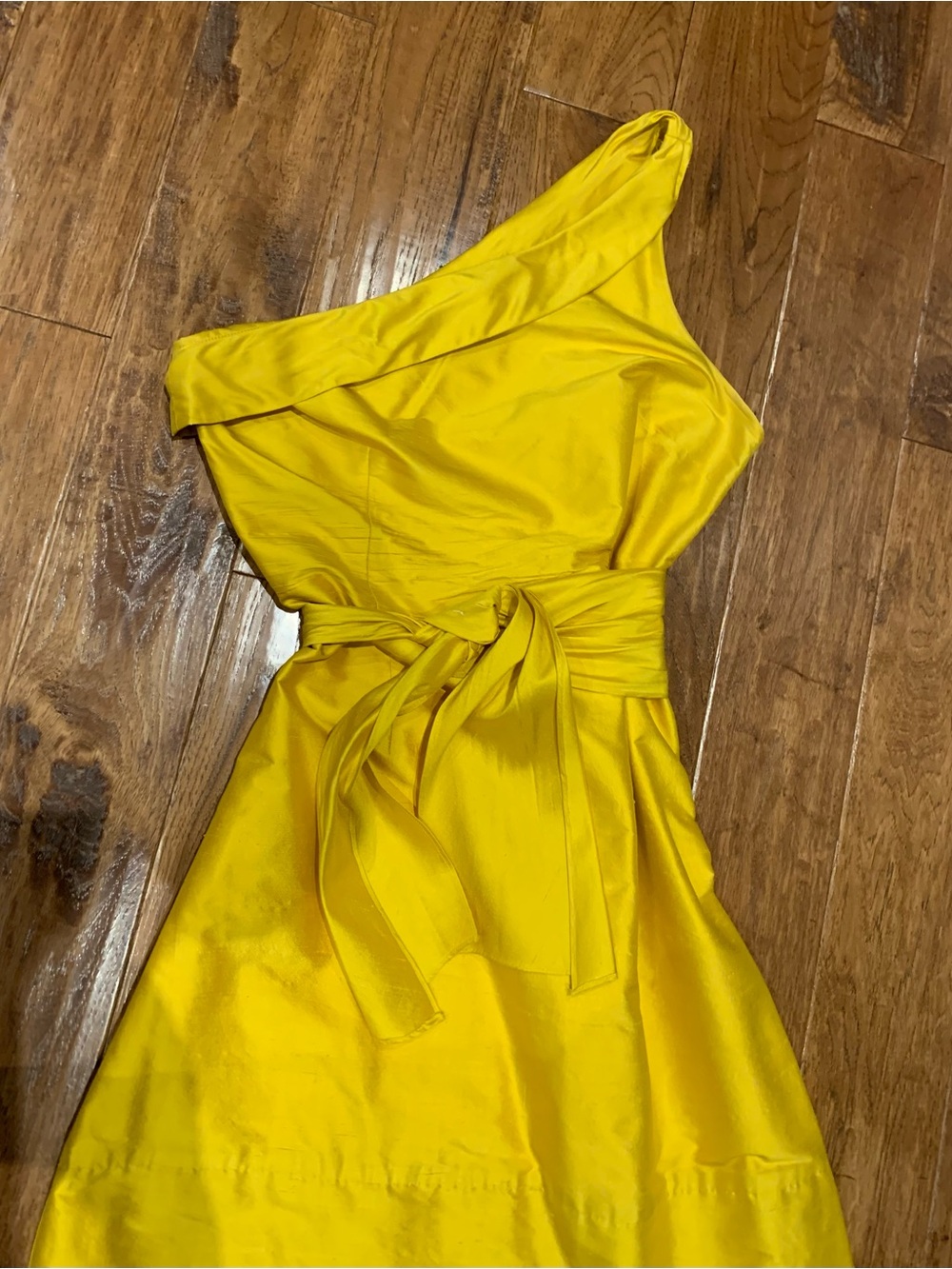 One-Shoulder Yellow Silk Dress with Waist Tie